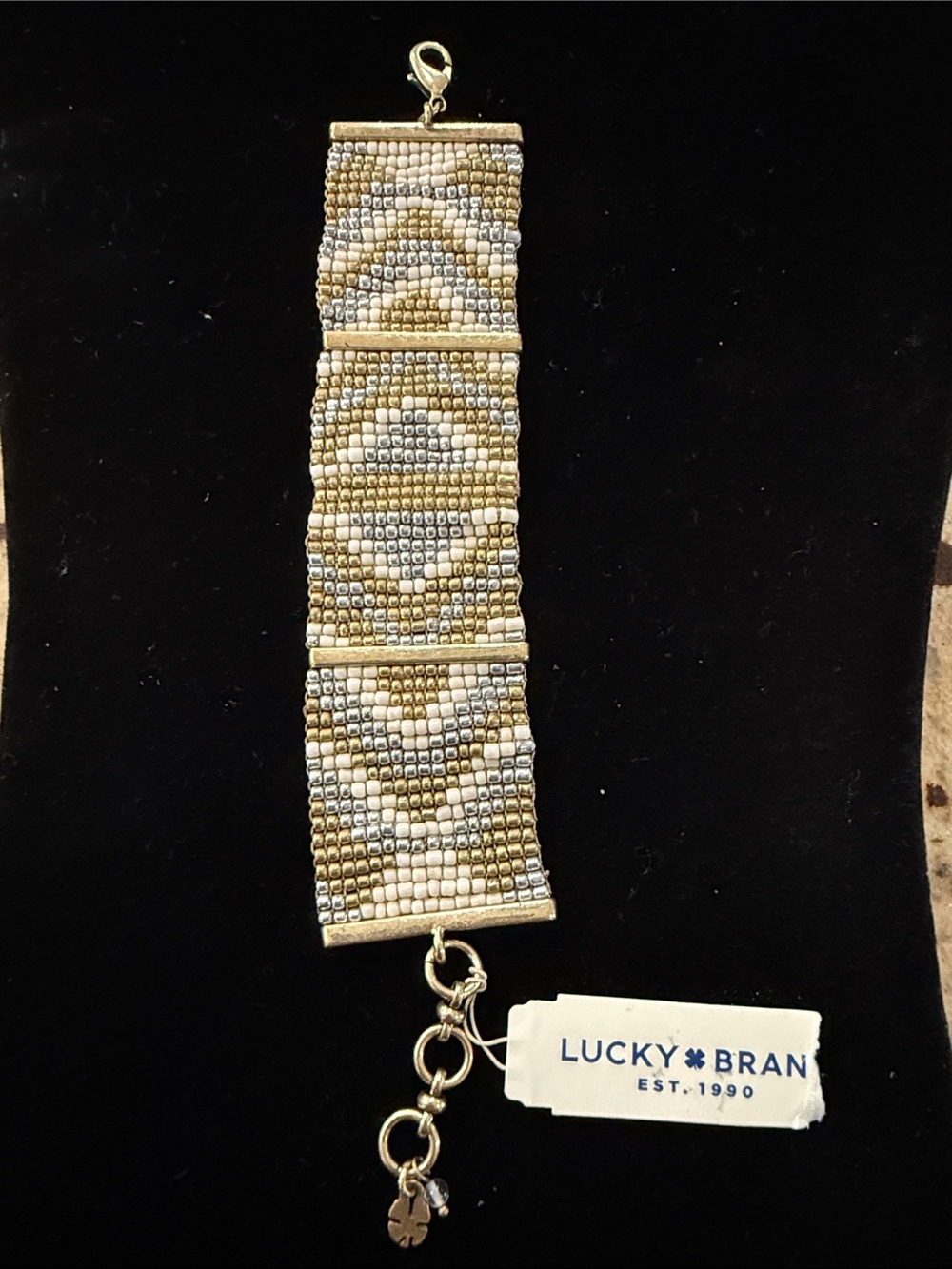 Lucky Brand NWT Seed Bead Silver Gold and white Aztec bracelet